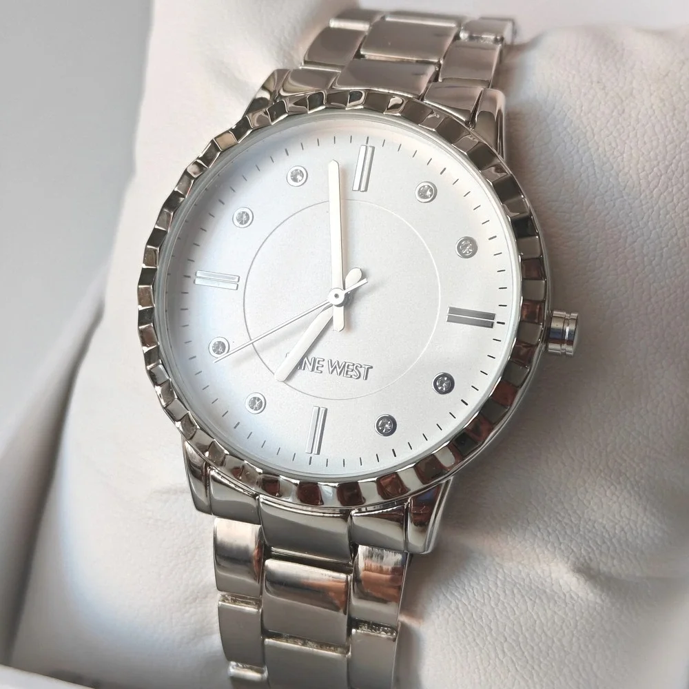 Nine West Womens Silver Tone Link Bracelet Watch Crystal Markers White Dial NEW